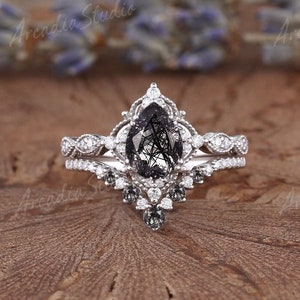 Black Rutilated Quartz Engagement Ring Set White Gold Moissanite Cluster Floral Bridal Set  2pcs Unique Crystal Ring Chevron Wedding Ring