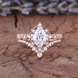 Unique Rose Gold Bridal Set 1.5ct Moissanite Engagement Ring Art Deco Ring Milgrain Vintage Oval Moissanite Ring Set Antique 2pcs Ring