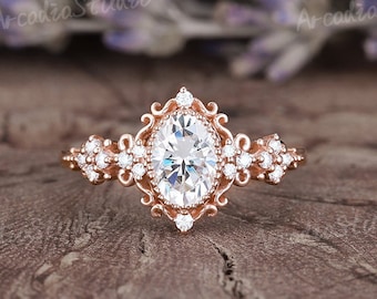 Vintage Moissanite Engagement Ring Oval Moissanite Floral Wedding Ring Unique Rose Gold Moissanite Ring Milgrain Promise Rings For Women