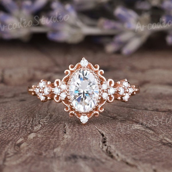 Vintage Moissanite Engagement Ring Oval Moissanite Floral Wedding Ring Unique Rose Gold Moissanite Ring Milgrain Promise Rings For Women