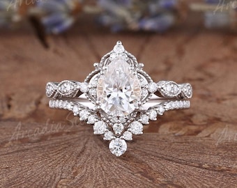 Vintage Moissanite Engagement Ring Set White Gold Pear Shaped Cluster Moissanite Bridal Set Art Deco Milgrain Moissanite Wedding Ring Set