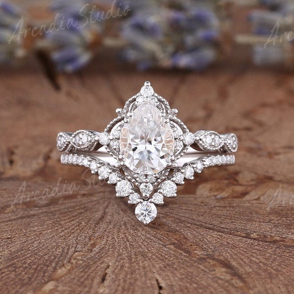 Vintage Moissanite Engagement Ring Set White Gold Pear Shaped Cluster Moissanite Bridal Set Art Deco Milgrain Moissanite Wedding Ring Set