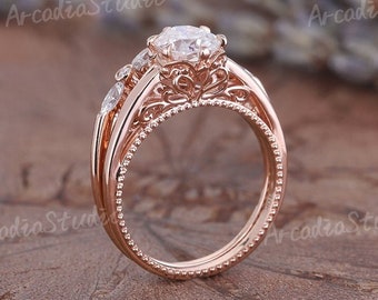Vintage Moissanite Engagement Ring Set Unique Rose Gold Peekaboo Ring Set Art Deco Floral Beaded Bridal Band Cathedral Anniversary Gift