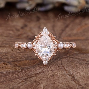 Vintage Moissanite Engagement Ring Pear Shaped Unique Rose Gold Moissanite Wedding Ring Art Deco Milgrain Vine Pearl Bridal  Promise Ring