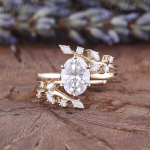 Oval Moissanite Engagement Ring Set Leaf Branch Ring Vintage