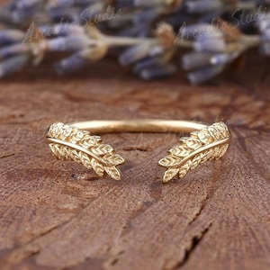 Vintage Blatt Verlobungsring Gelb Gold Blatt Ehering Minimalist Offener Ring Art Deco Stapeln Passender Ring Jahrestag Geschenk für Sie
