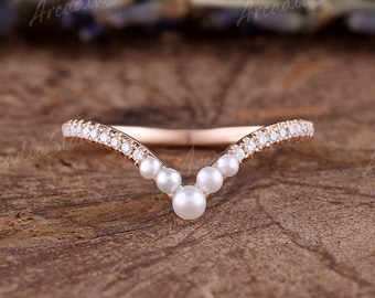 Vintage Pearl Wedding Band Round Shaped Unique Rose Gold Pearl Stacking Ring Art Deco Half Enternity Pearl Curved Stacking Matching Band