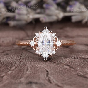 Vintage Moissanite Engagement Ring Delicate Filigree Rose Gold Wedding Ring Milgrain Bridal Ring Marquise Cut Moissanite Promise Ring Women