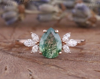 Pear Moss Agate Engagement Ring Rose Gold Unique Marquise Cut Moissanite Wedding Ring Dainty Moissanite Bridal Anniversary Promise Ring