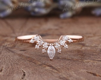 Diamond/Moissanite Curved Wedding Band Women Vintage Rose gold Marquise Cut Wedding Band Unique Stacking Matching Band Promise Gift