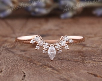 Alianza de boda curvada de diamante/moissanita para mujer, alianza de boda de corte marquesa de oro rosa Vintage, alianza única apilable, regalo de promesa