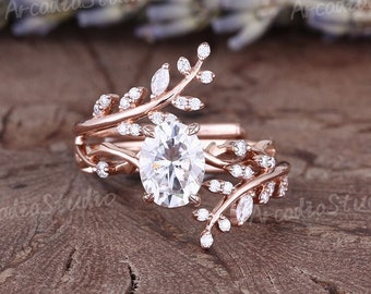 Oval Moissanite Engagement Ring Set Vintage Moissanite Floral Bridal Set Cluster Leaf Enhancer Band Natural Leaf Branch Ring Gifts For Her