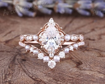 Pear Cut Moissanite Engagement Ring Set Rose Gold Vintage Moissanite Bridal Set Cluster Pearl Milgrain Ring Set Chevron Pearl Stacking Band