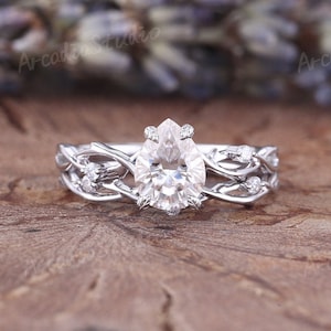Twig Moissanite Engagement Set White Gold Pear Cut Moissanite Bridal Set Vintage Branch Ring Diamond Twisted Ring Women Leaf Wedding Ring