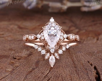 Unique Moissanite Engagement Ring Set Pear Shaped Rose Gold Vintage Milgrain Moissanite Wedding Ring Set Art Deco Moissanite Ring Set