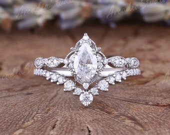 Pear Cut Moissanite Engagement Ring Set Vintage White Gold Moissanite/Diamond Ring Set Unique Cluster Chevron Moissanite Wedding Ring Set