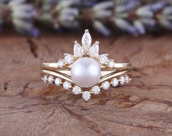 Vintage Akoya Pearl Engagement Ring Set Yellow Gold Pearl Ring Set Unique Marquise Moissanite Ring Set Art Deco Chevron Moissanite Ring