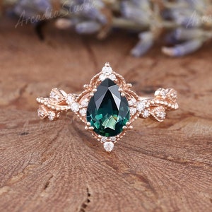 Vintage Teal Sapphire Engagement Ring Unique Twisted Bridal Ring Rose Gold Milgrain Wedding Ring Moissanite Leaf Floral Promise Ring For Her