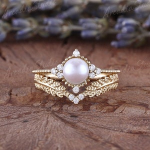 Akoya Pearl Engagement Ring Set Vintage Yellow Gold Pearl Ring Set Art Deco Leaf Moissanite Bridal Set Unique Leaf Nature Inspired Ring