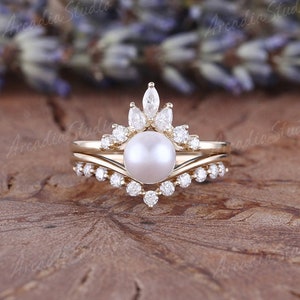 Vintage Akoya Pearl Engagement Ring Set Yellow Gold Pearl Ring Set Unique Marquise Moissanite Ring Set Art Deco Chevron Moissanite Ring
