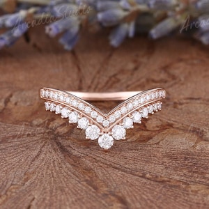 Unique Moissanite Wedding Band Round Shaped Rose Gold V Shaped Stacking Ring Art Deco Moissanite Wedding Band Dainty Stacking Matching Band