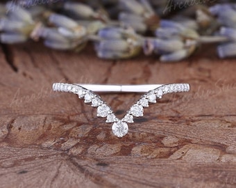 Unique Moissanite Wedding Band White Gold Moissanite Wedding Band Women Dainty V Shaped Moissanite Stacking Ring Matching Ring Promise Ring