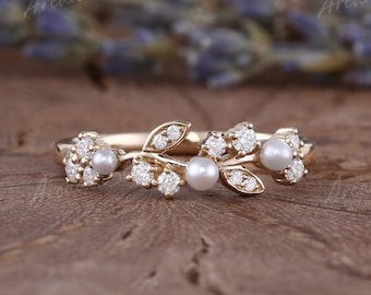 Vintage Pearl Engagement Ring Yellow Gold Uinque Rings Leaf Moissanite Wedding Ring Art Deco Leaf Floral Ring Promise Rings for women