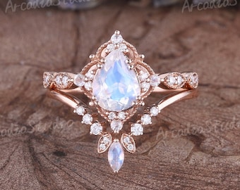 Unique Moonstone Bridal Set Rose Gold Engagement Ring Set Cluster Moissanite Ring Milgrain Vine Vintage 2pcs Bridal Promise Ring