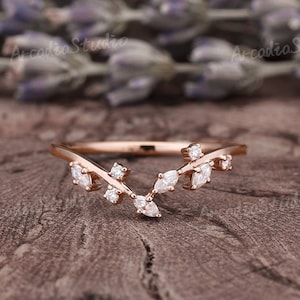 Unique Moissanite Curved Wedding Band Art Deco Twisted Yellow Gold Wedding Rings Marquise Cut Diamond Stacking Matching Bridal Band For Her