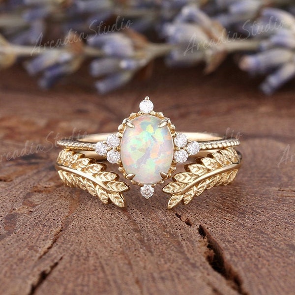 Unique Opal Engagement Ring Set Yellow Gold Oval Cut Cluster Moissanite Wedding Ring Set Art Deco Leaf Stacking Matching Ring Set