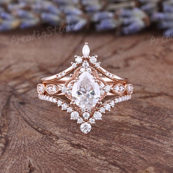 Unique Moissanite Engagement Ring Set Vintage Pear Shaped Milgrain Rose Gold Bridal Set Woman Moissanite Stacking Matching Ring Promise Gift