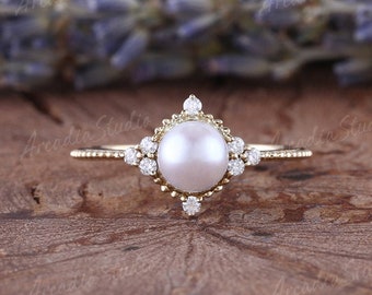 Vintage Akoya perla anillo de compromiso mujeres anillo de oro amarillo racimo Moissanite anillo nupcial Art Deco perla junio piedra de nacimiento anillo de promesa nupcial
