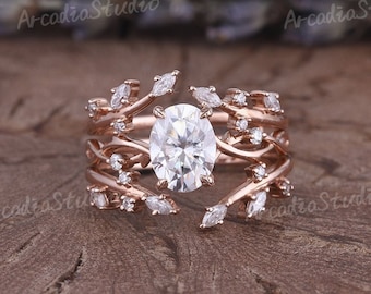 Oval Cut Moissanite Engagement Ring Set Natural Leaf Vine Twisted Bridal Ring Vintage Rose Gold Enhancer Marquise Moissanite Branch Ring Set