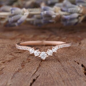 Unique Moissanite/Diamond Wedding Band Rose Gold Round Cut Moissanite Stacking Ring Art Deco Half Eternity Curved Band Dainty Stackable Band