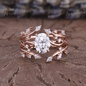 Oval Cut Moissanite Engagement Ring Set Natural Leaf Vine Twisted Bridal Ring Vintage Rose Gold Enhancer Marquise Moissanite Branch Ring Set