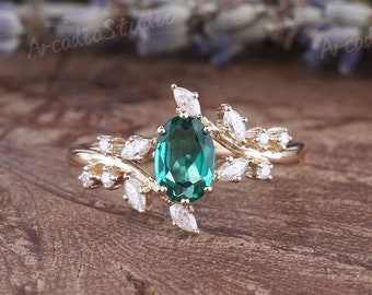 Unique Oval Shaped Emerald Engagement Ring Woman Yellow Gold Bridal Ring Marquise Cut Moissanite Leaf Branch Ring Anniversary Ring For Her