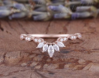 Vintage Moissanite Wedding Band Unique Marquise Shaped Wedding Band Rose Gold Moissanite Matching Rings Curved Wedding Band Gift For Her