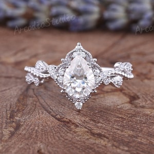 Pear Cut Moissanite Engagement Ring Vintage White Gold Moissanite Wedding Ring Unique Cluster Moissanite Bridal Ring Vine Floral Ring
