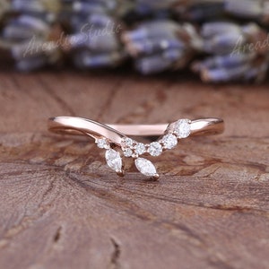 Unique Leaf Moissanite Wedding Band Rose Gold Curved Moissanite Weeding Band Art Deco Chevron Stacking Ring Vintage Moissanite Matching Band
