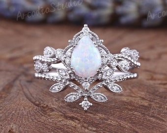 Vintage Opal Engagement Ring Set Pear Cut White Gold Opal Ring Set Art Deco  Leaf Floral Moissanite/Diamond Bridal Set Vine Floral Ring Set