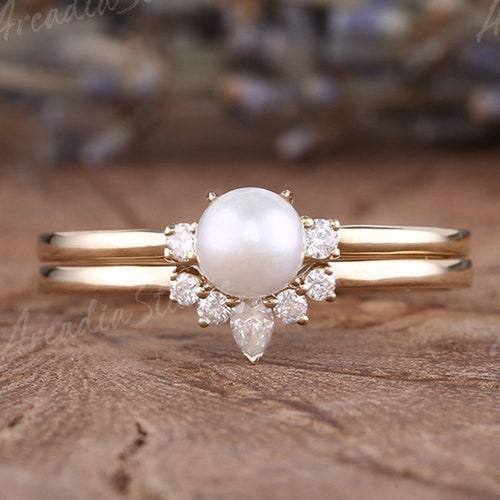 Akoya Pearl Ring Set Rose Gold Bridal Set Cluster Engagement - Etsy