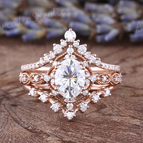 Vintage Moissanite Engagement Ring Set Unique Rose Gold - Etsy