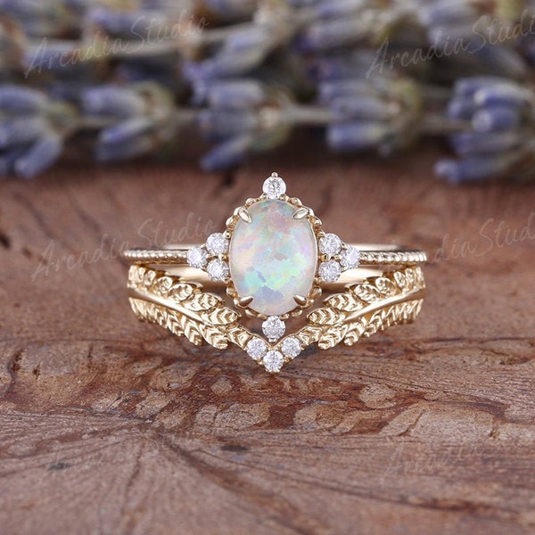 Vintage Opal Engagement Ring Set Oval Cut Yellow Gold Leaf Moissanite Wedding Ring Set Art Deco Leafy Wedding Band Anniversary Gift For Her