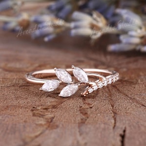 18k Rose Gold Eternity Wedding Band Filigree Leaf Diamond Rings