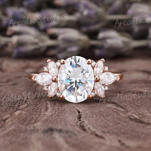 Oval Shaped Moissanite Engagement Ring Art Deco Rose Gold Diamond Cluster Wedding Ring Cluster Wedding Rings For Women Anniversary Gift