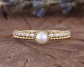 Vintage Akoya perla anillo de compromiso oro amarillo milgrain perla anillo de boda Art Déco Milgrain Moissanite anillo nupcial perla promesa anillo