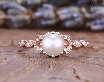 Art Deco Akoya Pearl Engagement Ring Round Cut Rose Gold Diamond Wedding Ring Vintage Leaf Moissanite Bridal Ring For Women Anniversary Gift