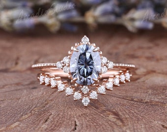 Unique Grey Moissanite Engagement Ring Set Rose Gold Vintage Cluster Moissanite Wedding Ring Set Curved Chevron Moissanite Bridal Set