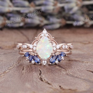 Unique Teardrop Opal Engagement Ring Set Vintage Rose Gold Floral Shaped Diamond Ring Antique Marquise Cut Blue Sapphire Open Band