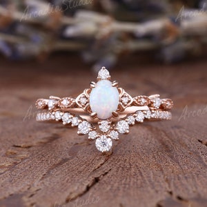 Oval Shaped Opal Engagement Ring Set Vintage Rose Gold Moissanite Cluster Bridal Set Art Deco Curved Moissanite Wedding Ring Set